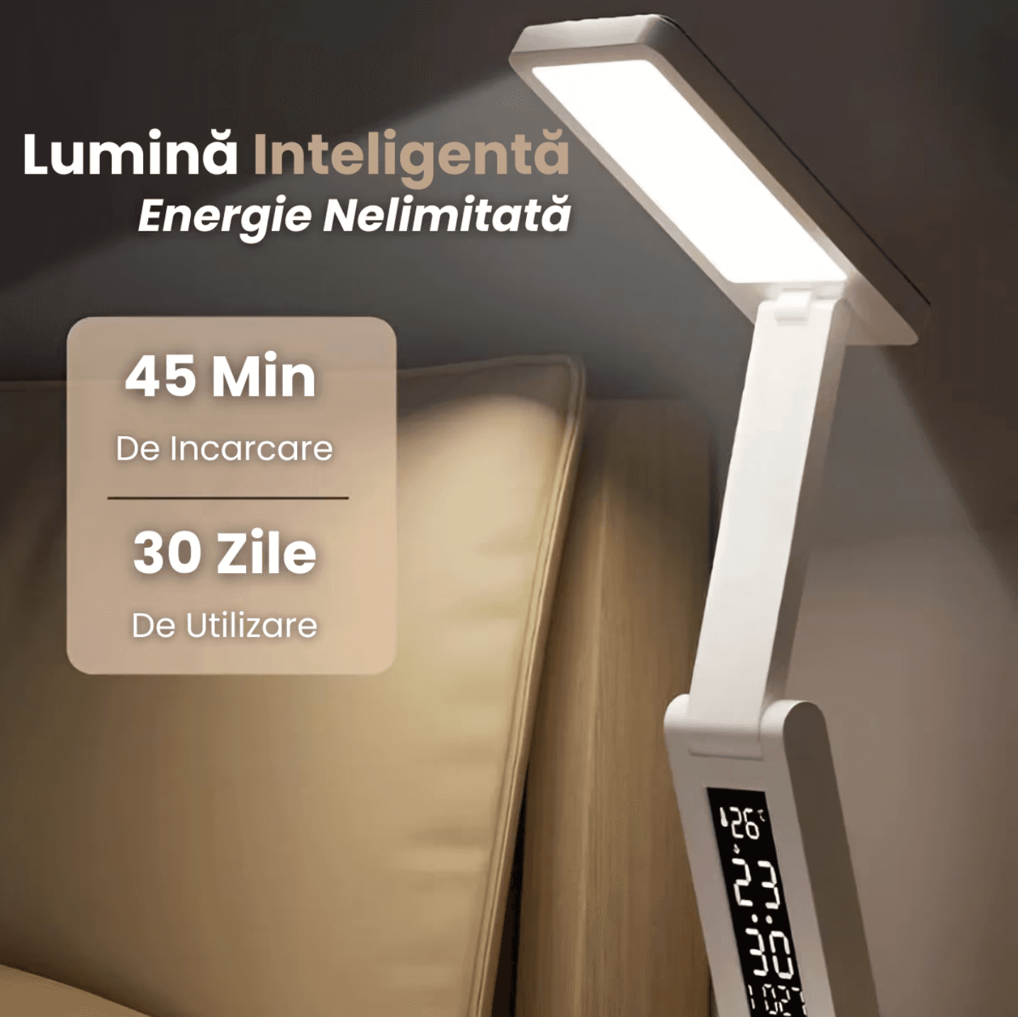 Lampa LED Birou, Cu Acumulator 12000mAh, Power Bank, Incarcare In 45 De Minute, Ceas Digital, Termometru, Afisaj Data, Pliabila, Portabila, HHERESSY® – Alb - miniatura 3