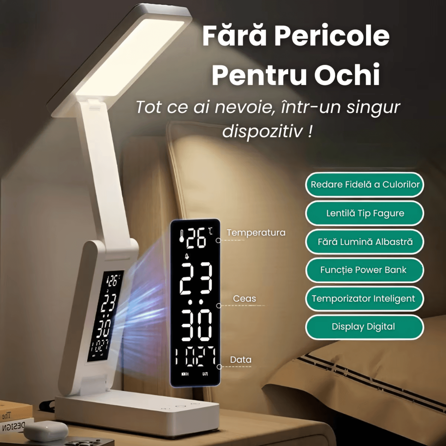 Lampa LED Birou, Cu Acumulator 12000mAh, Power Bank, Incarcare In 45 De Minute, Ceas Digital, Termometru, Afisaj Data, Pliabila, Portabila, HHERESSY® – Alb - miniatura 4