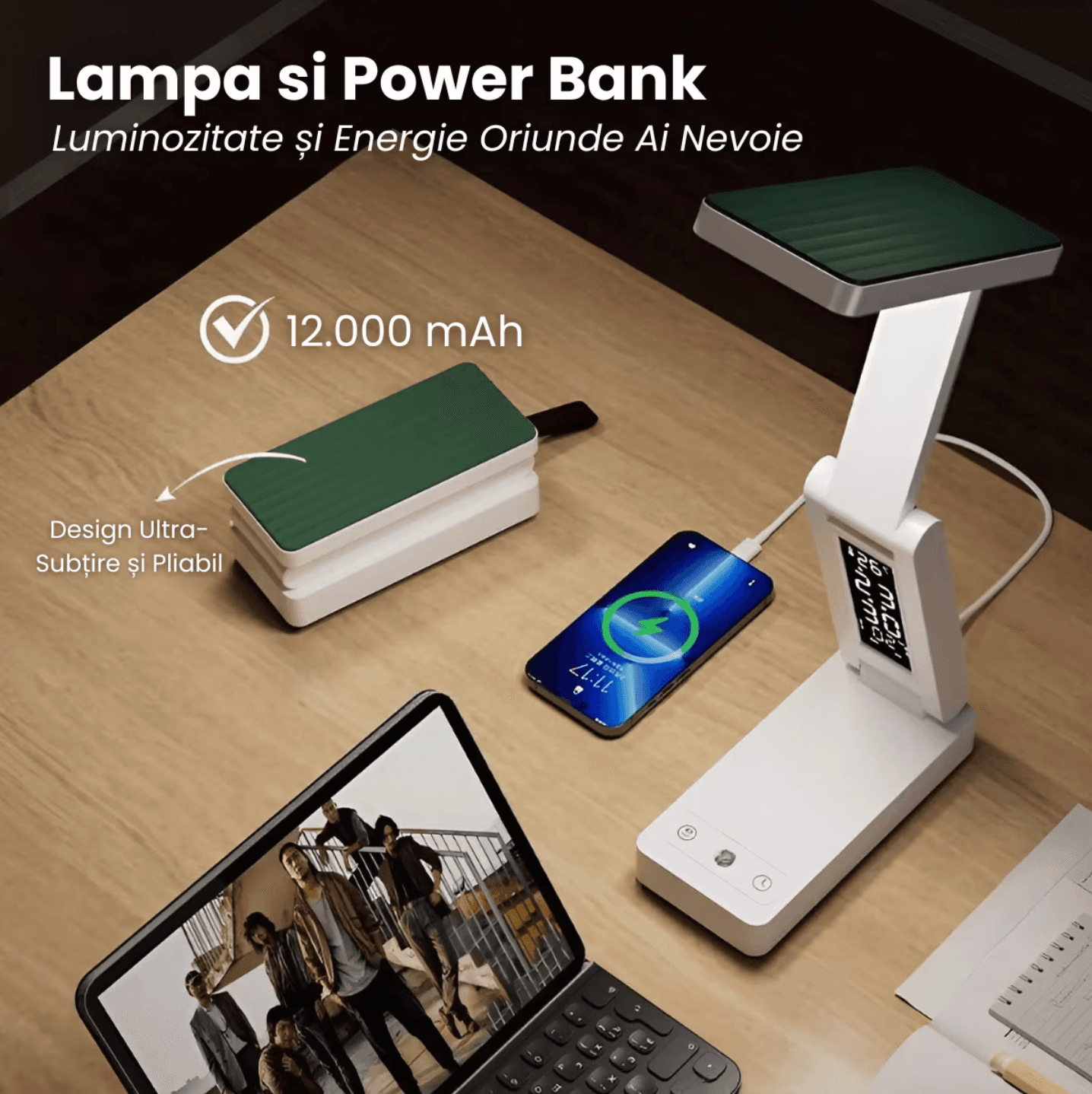 Lampa LED Birou, Cu Acumulator 12000mAh, Power Bank, Incarcare In 45 De Minute, Ceas Digital, Termometru, Afisaj Data, Pliabila, Portabila, HHERESSY® – Alb - miniatura 6